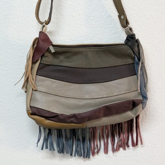 Block Fringe Genuine Leather Boho Crossbody Sling Bag - Brown and Gray Color - Picture 5 of 9